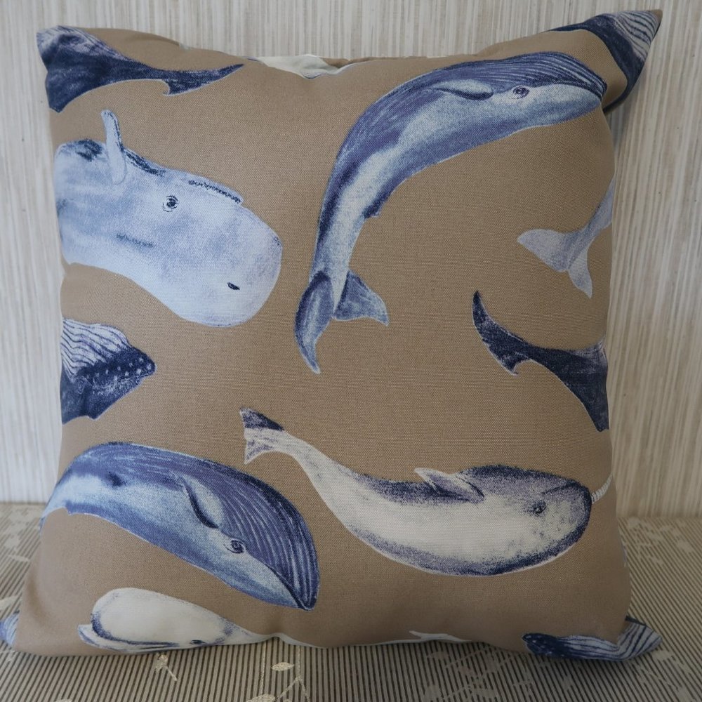 Marine Life Taupe & Blue Whale Print Indoor/Outdoor Pillow 19"